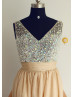 Champagne Chiffon Deep V Neckline Beading Prom Dress
